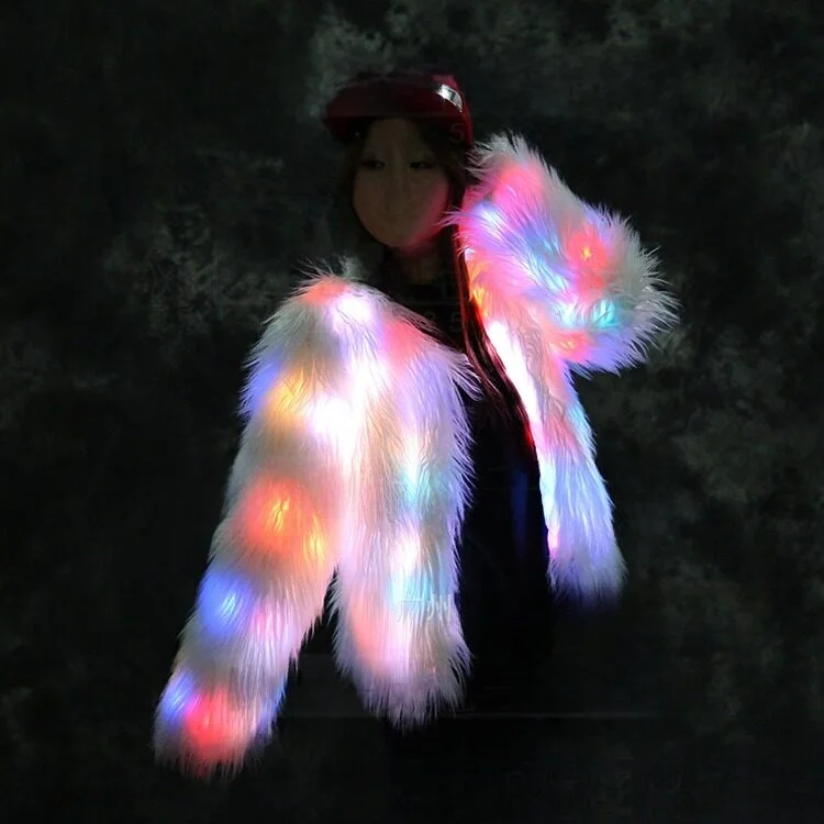 Best Selling LED  Lighting Fur Coat Short Style  Music Festival LED Collar Jacket Punk Style  Fur Leather