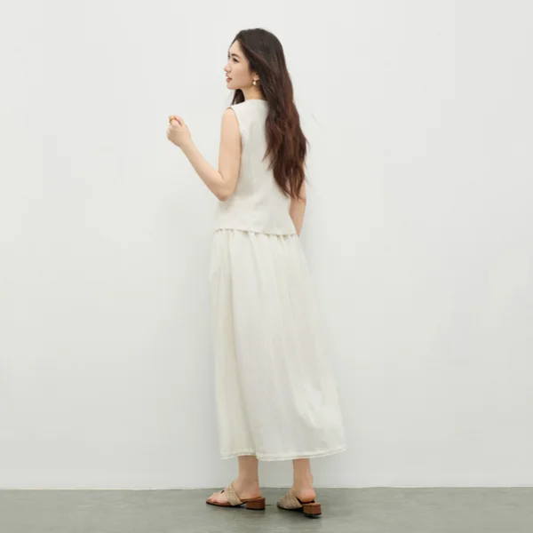 SENTUBILA Women's Minimalist Office Set 2026 Summer Raw Linen V-Neck Front Vest Elastic Waist A-Line Skirt 2 Piece 162ZC6195