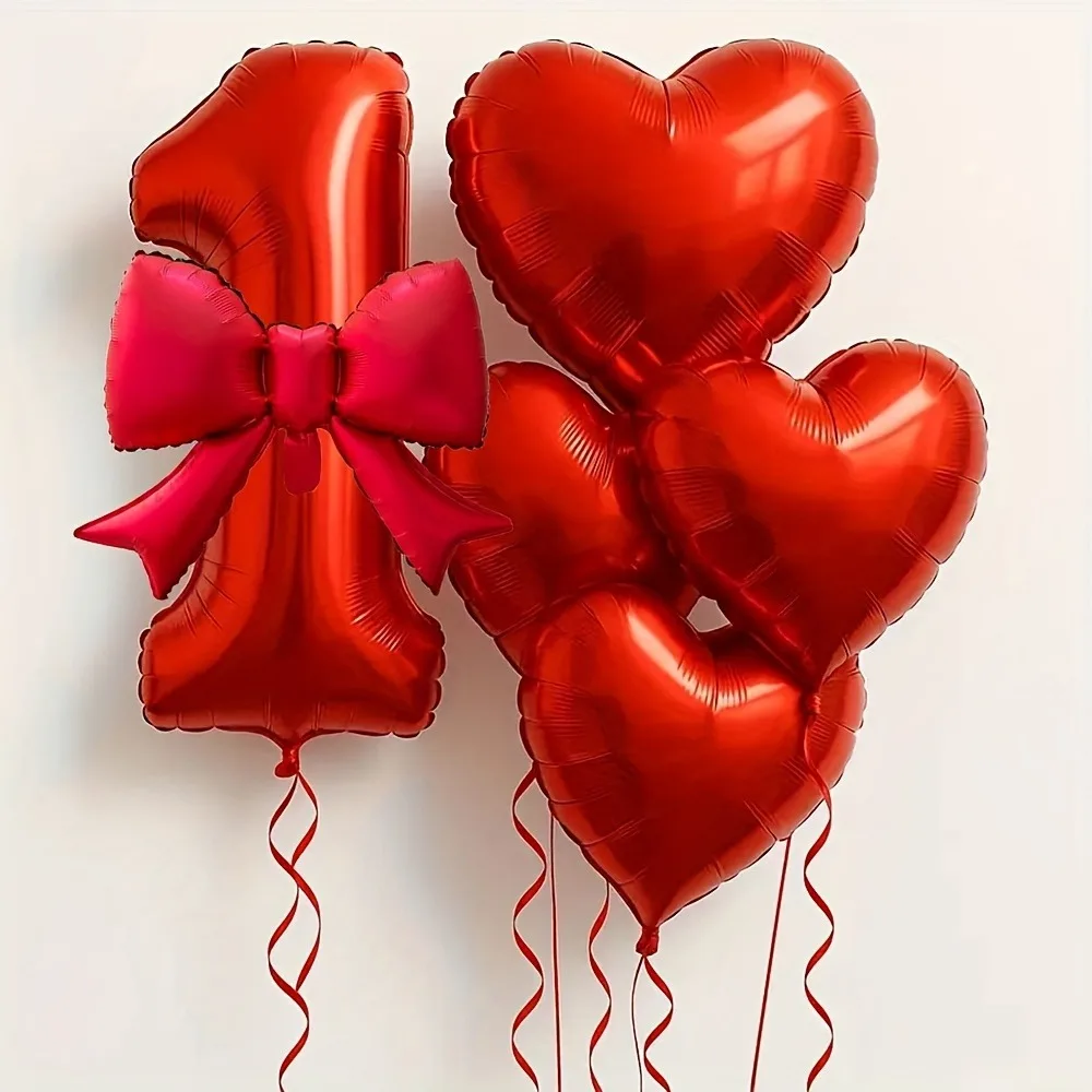 6 قطع/مجموعة بالونات من رقائق القلب الأحمر مع أرقام وشرابات على شكل فيونكة لديكور أنيق لذكرى الزفاف وأعياد الميلاد #2