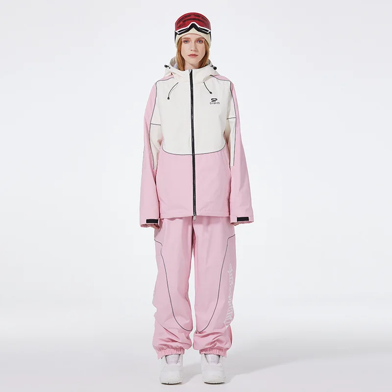 ชุดสโนว์บอร์ดสำหรับผู้ชายและผู้หญิง ชุดสกีกันน้ำสำหรับฤดูหนาว ชุดกันหนาวแบบหลวม ชุดสกีแบบกันหิมะ เสื้อแจ็คเก็ตและกางเกงสกีแบบสีตัดกัน