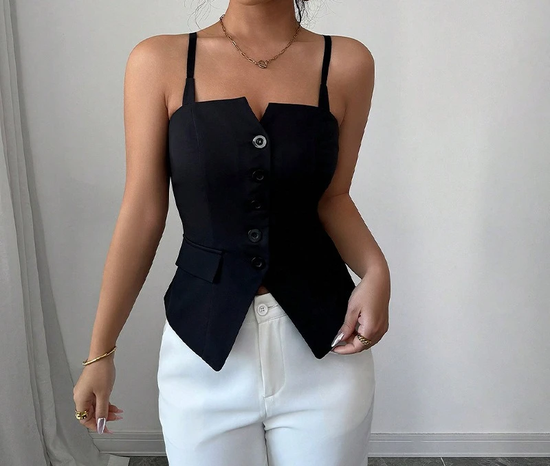 

2025 Summer New Suit Material Temperament Solid Color Strap Top for Women