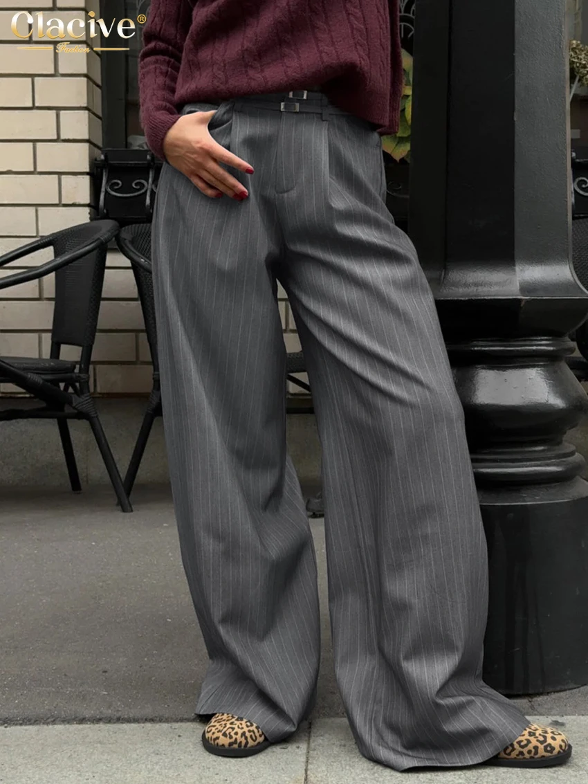 Clacive Fashion Loose Gray Stripe Women\'s Pants 2025 Elegant High Waist Wide Trousers Vintage Classic Full Length Pants Female