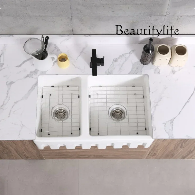 

BJ Muebles Para Hogar New Front Semi-embedded Retro Kitchen Sink American Ceramic Vegetable Wash Basin Modern