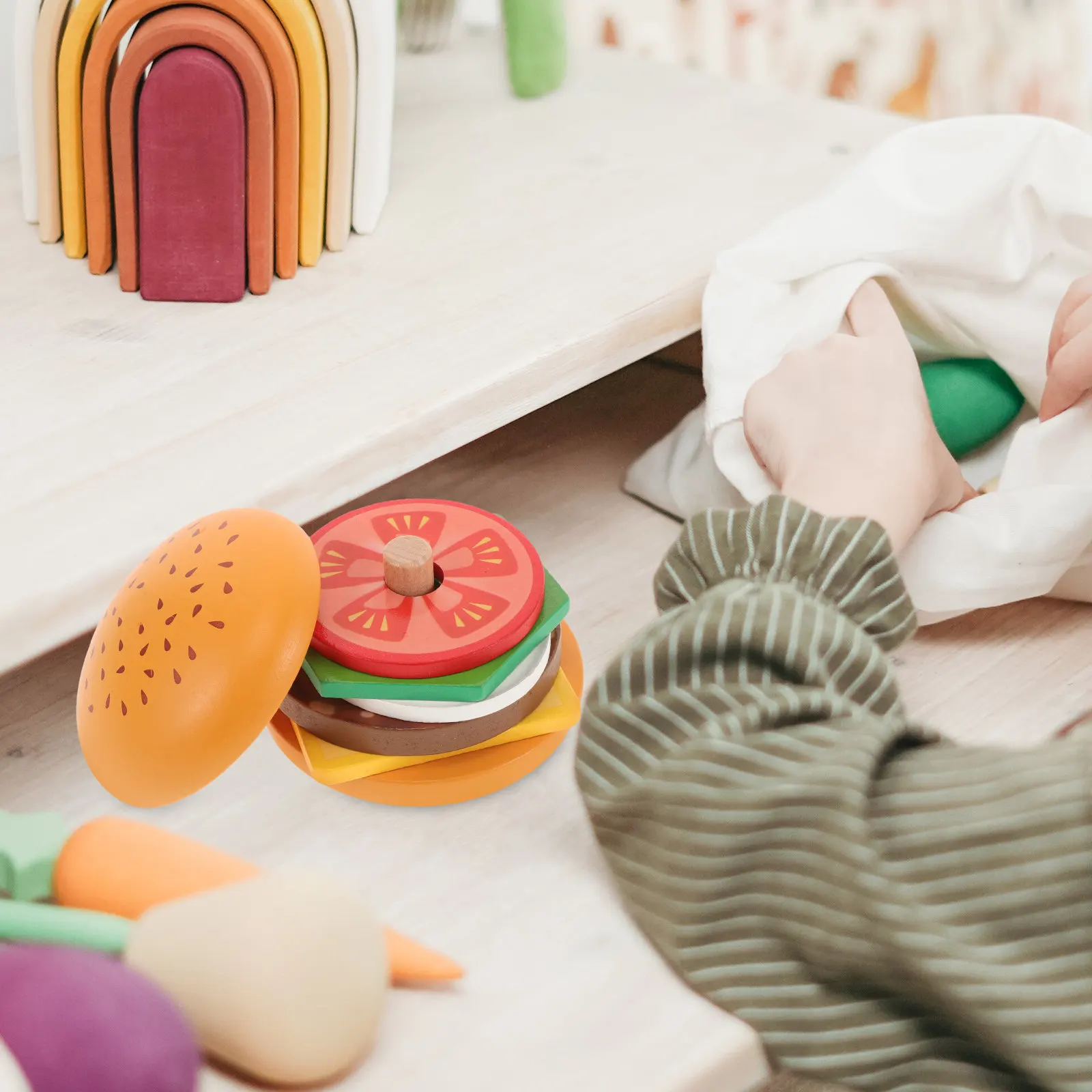 

Wooden Hamburger Pretend Play Food Set Kids Stacking Matching Cognition Fine Motor Skills Development Cooking Play Kitchen