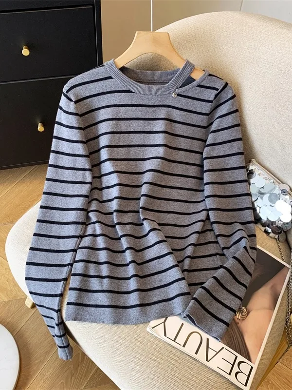 

plus Size Women's Knitwear Long Sve Loose Fit Striped Base Layer Top Korean Sle Commute Faion Anti-Pilling Autumn Winter