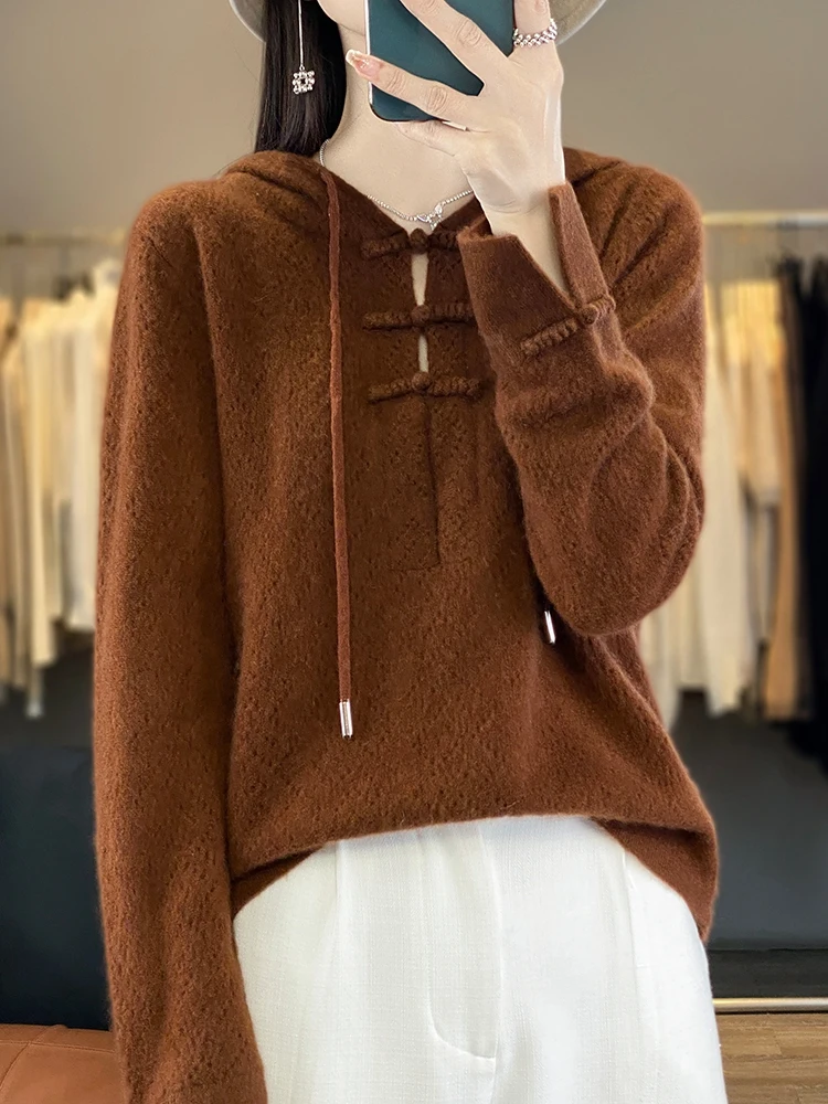 

Hooded Women 100% Merino Wool Sweater Solid Color Hollow-out Pullover Skin Friendly Fashionable Top Knit Autumn Winter Clothing