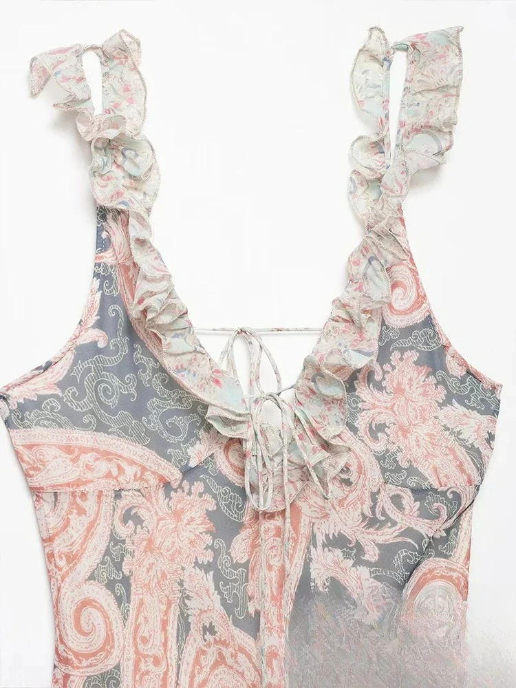 KONDALA Sexy Chic Women Dress Print Cami Sleeveless Backless Long Straight Vestidos New Fashion 2025 Summer Ruffles Female Dress