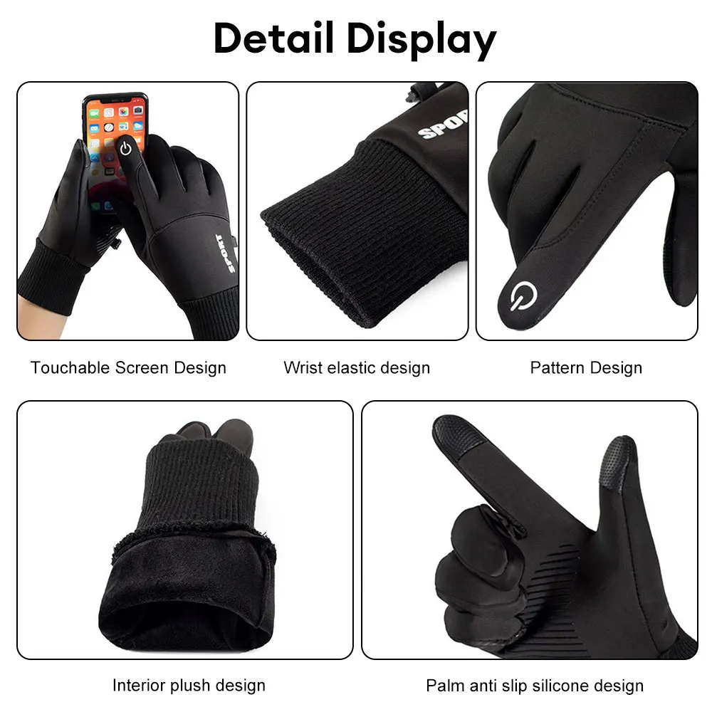 Black Winter Warm Full Fingers Waterproof Cycling Outdoor Sports Running Motorcycle Ski Touch Screen Fleece Gloves