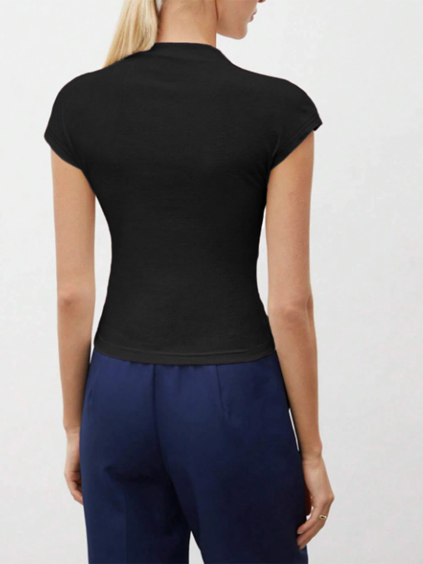 Tanktop für Damen, Stehkragen, kurze Ärmel, einfarbig, gerippter Strick, schmale Passform, Basic-Shirt für Büro und Alltag – Detail 4