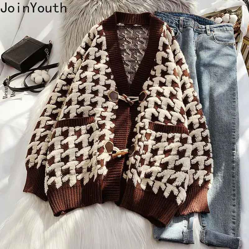 Plaid Knitted Cardigan Coat for Women Sueter Mujer Korean Fashion Casual Pull Femme Oversized Sweater 2024 Fall Winter Clothing