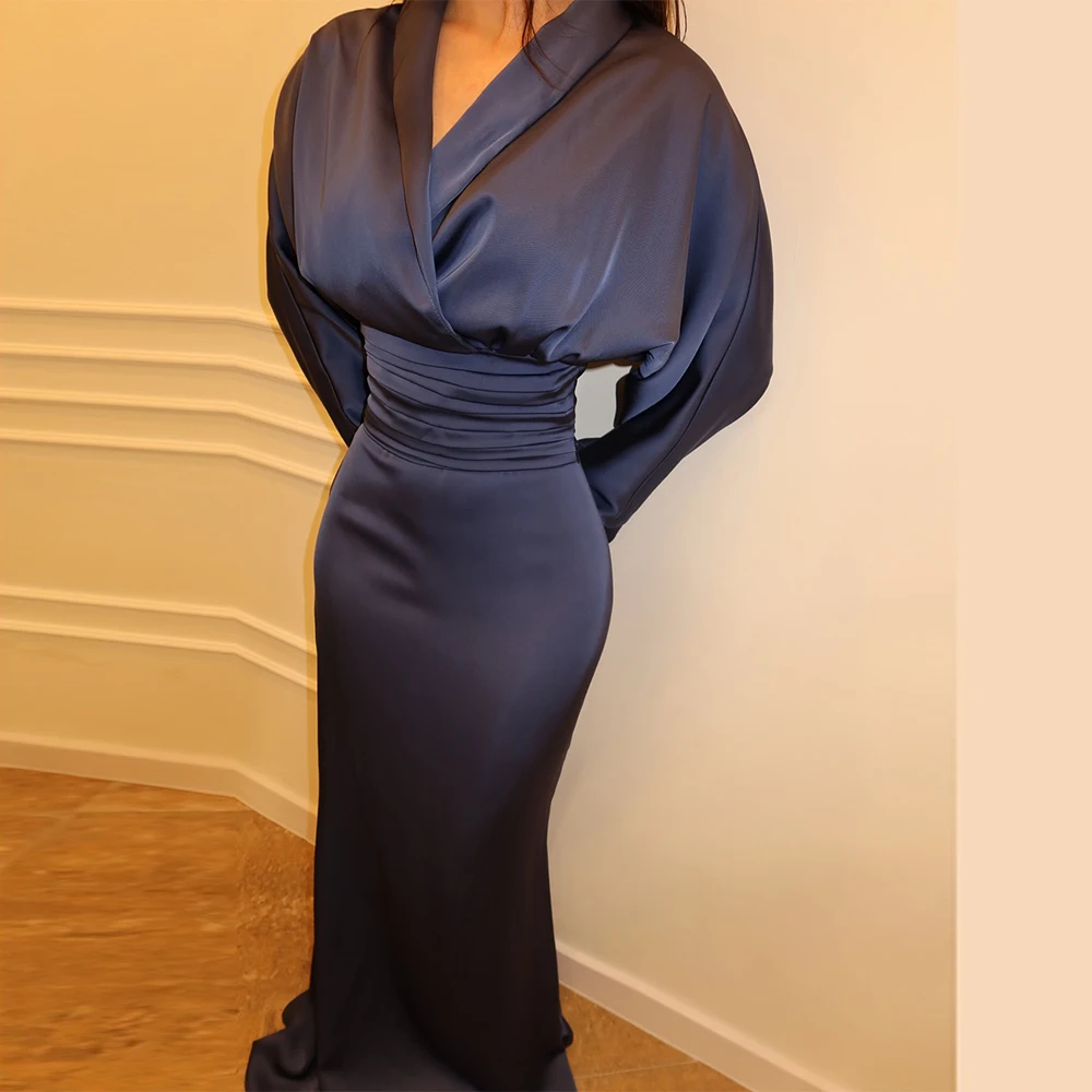 

Elegant V-Nec Long Sleeve Dresses Evening Dress Classic Satin Prom Dresses Modern Customized Simple Bespoke Occasion Gowns
