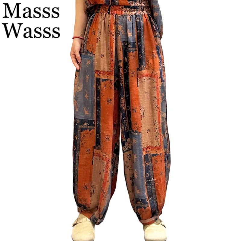 

Masss Wasss 2026 British Vintage Cotton Linen Pants Womens Summer Fashion Luxury Leisure Trousers Womens Classic Floral Clothes