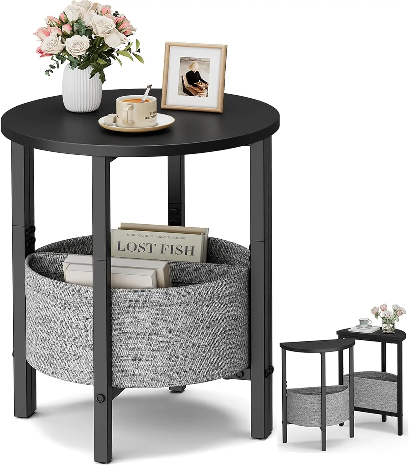 

Set of 2 Small Half Round Side Tables with Storage Baskets, Modern Black Accent Tables for Living Room Bedroom