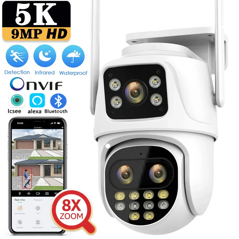 

5K 9MP Wifi PTZ Camera Outdoor 8X Zoom Auto Tracking Camera HD Three Lens Dual Screen CCTV Video Surveillance Security Cam ICsee