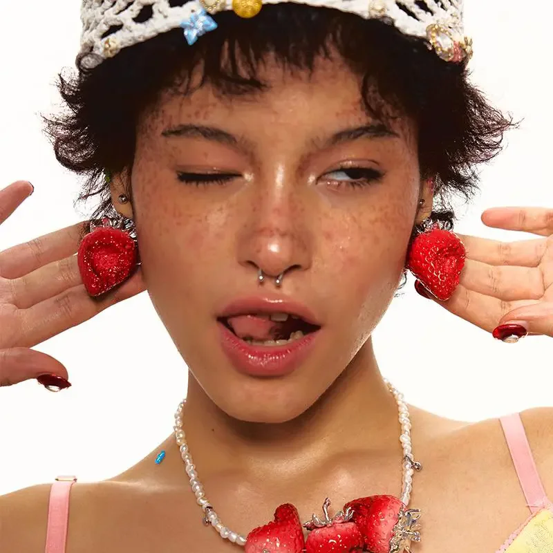 Europe and America Enamel Red Stereoscopic A Strawberry That Took A Bite Earrings Women's Fashion Leader Punk Party Earrings