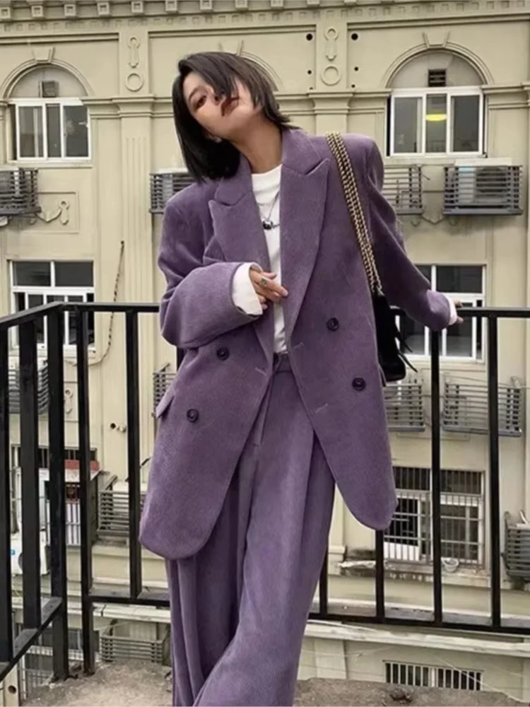 سيدات الأعمال السراويل الدعاوى خمر الشارع سروال قصير عادية مزدوجة الصدر السترة عالية الخصر بنطال ذو قصة أرجل واسعة 2 قطعة تأليف