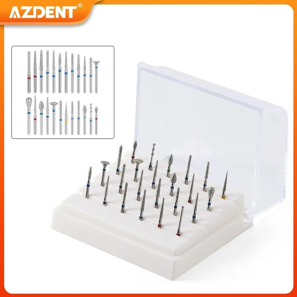 24pcs/Box Dental Diamond Burs Set FG 1.6mm AZDENT Bur Polishing for High Speed Handpiece with Box Holder Dentistry Lab Tool