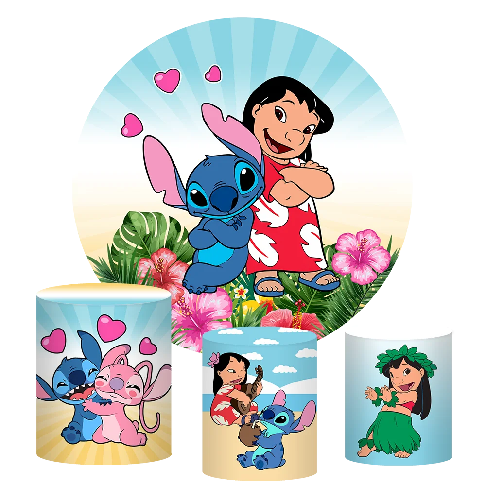 Lilo & Stitch Round Photography Backgrounds Cartoon Hawaii Hula Dance Kids Birthday Party Backdrops Plinth Covers Photo Studio