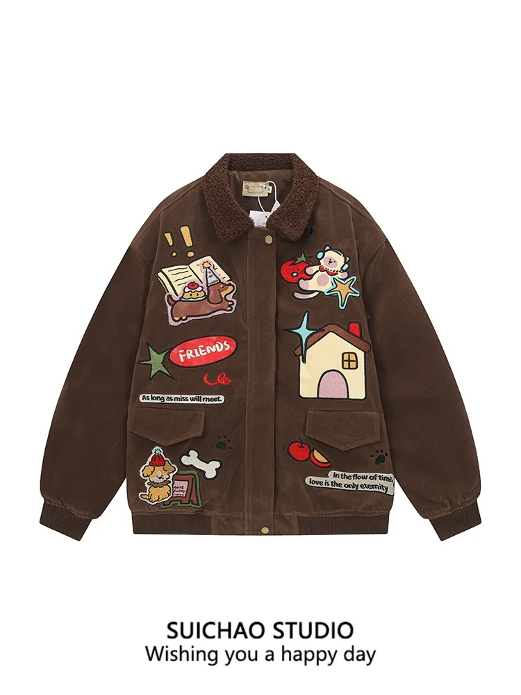 

Suichao American Retro Sle Dog Plu Cotton Jaet Couple Casual Cotton Padded Baseball Coat Loose Fit Warm Winter Outerwear