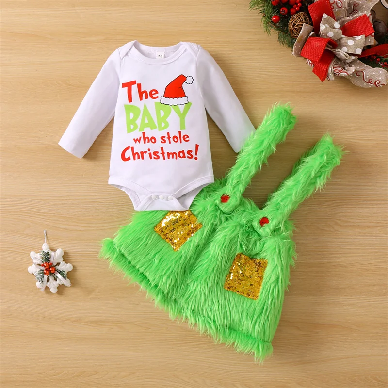 2022-10-26 Lioraitiin 0-24M Infant Kids Girls Christmas Dress Suit Long Sleeve Round Neck Romper Tops Plush Sequined Half Dress