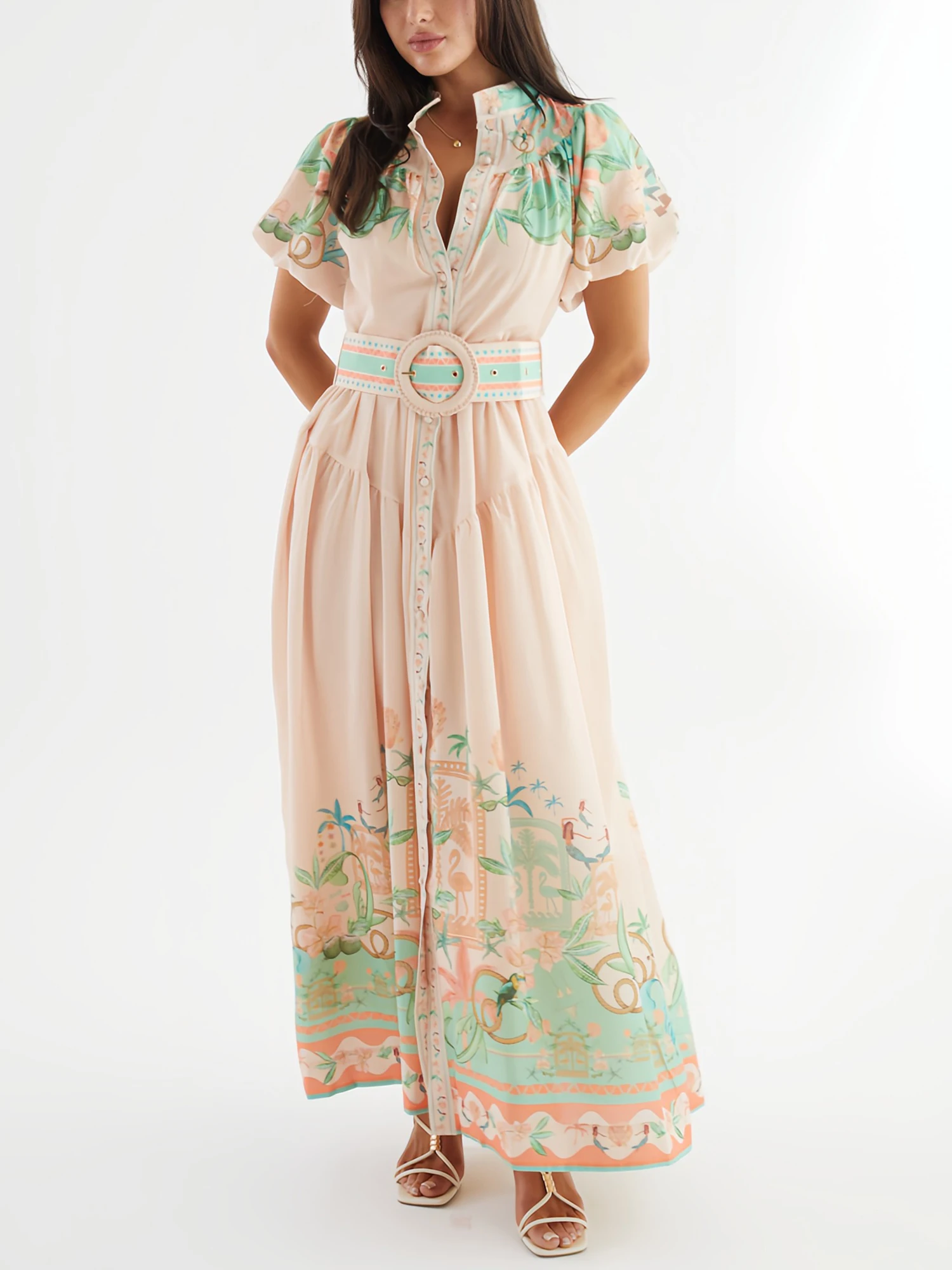 Boho Women Linen Look Maxi Dress Collar Puff Sleeve Tropical Palm Print Long Dress With Matching Belt Resort Holiday Outfit