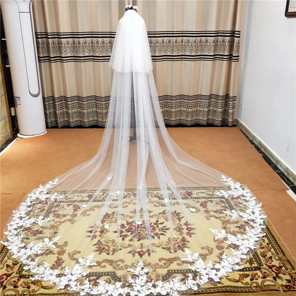 

Real Photo 3m Two Layer Wedding Veil With Comb White Lace Edge Bridal Veils Ivory Cathedral Wedding Veil Bride Accessories