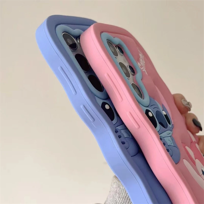 For Samsung Galaxy S24 S23 Ultra S22 Plus S21 S20 FE So Cute Stitch Wave Side Phone Case Luxury 3D Cartoon Soft Silicone Cover