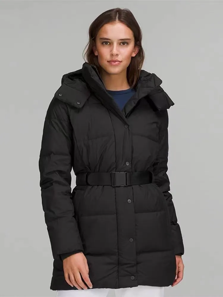 

Women's belt style down jacket 90/10 white duck down detachable hood design, spring Asian spinning matte PU film fabric