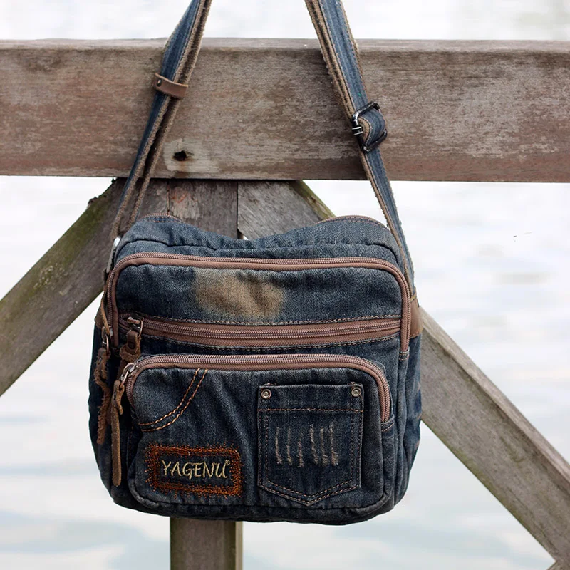Fashionable Denim Canvas Shoulder Bag Sporty Casual Unisex Crossbody Bag with Multiple Pockets Retro Style Leisure Handbag