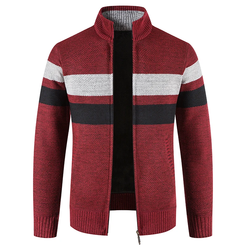 

Men's Cardigan Sweater Winter New Plus Velvet Padded Stand-up Collar Color-blocking Zipper Long-sleeved Sweater Jacket Coat Male