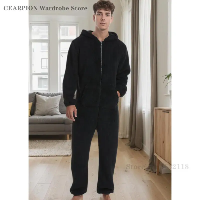 Autumn Winter Men's Thick Coral Fleece Sleepwear Hooded Warm One-Piece Pajamas Male Plus Size Nightwear Loose Casual Home Wear