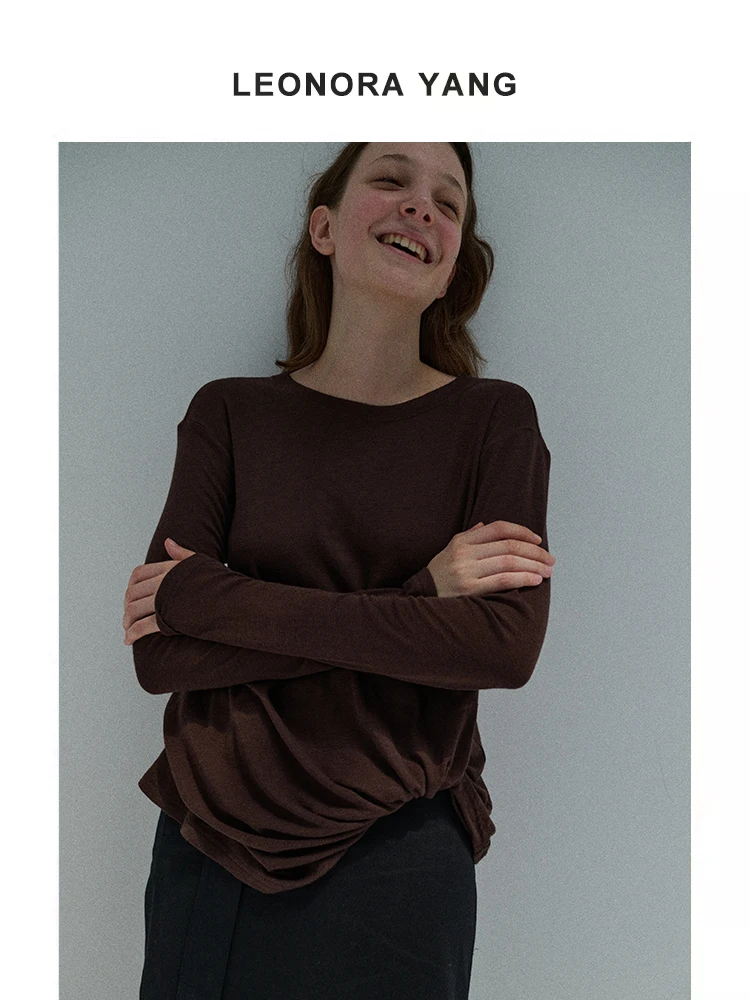 Leonora Yang Original Design Women's Slim Fit Knitted T-shirt Wool Blend Long Sleeve round Neck Base Layer Top Knot Twist