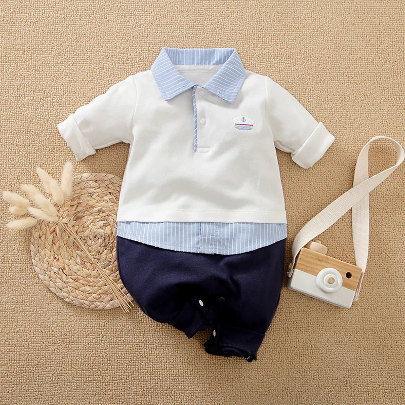 Spring and Autumn Boys' Cute Solid Gentleman Cotton Comfortable Casual Long Sleeve Baby Bodysuit