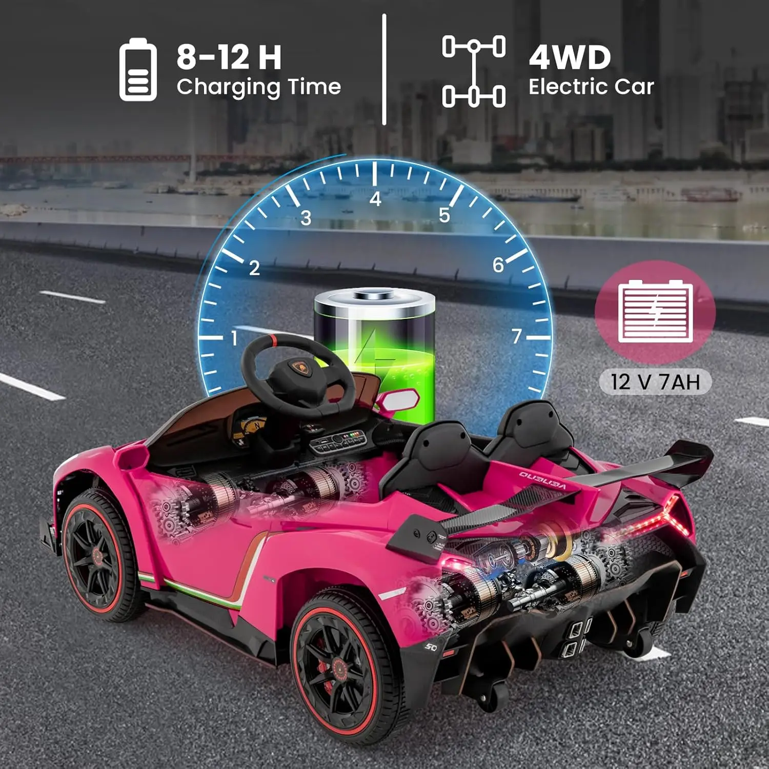 Pink Ride On Car, lizenziertes 12-V-Elektrofahrzeug für Kinder, 3 Geschwindigkeiten, zu öffnende Tür, Hupe, Musik, Steuerhebel, Kleinkind-Fahrt auf C