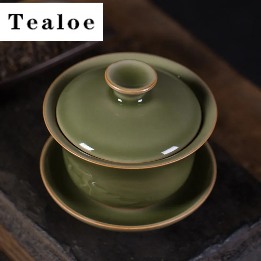 150ml Antique Longquan Celadon Gaiwan Handmade Small Deer Sancai Tea Tureen Tea Brewing Cover Bowl Teaware Tea Ceremony Craft