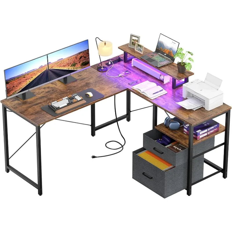 

L Shaped Computer Desk with Storage File Drawer, Reversible Home Office Desk with Recessed Power Strip and Led Strip