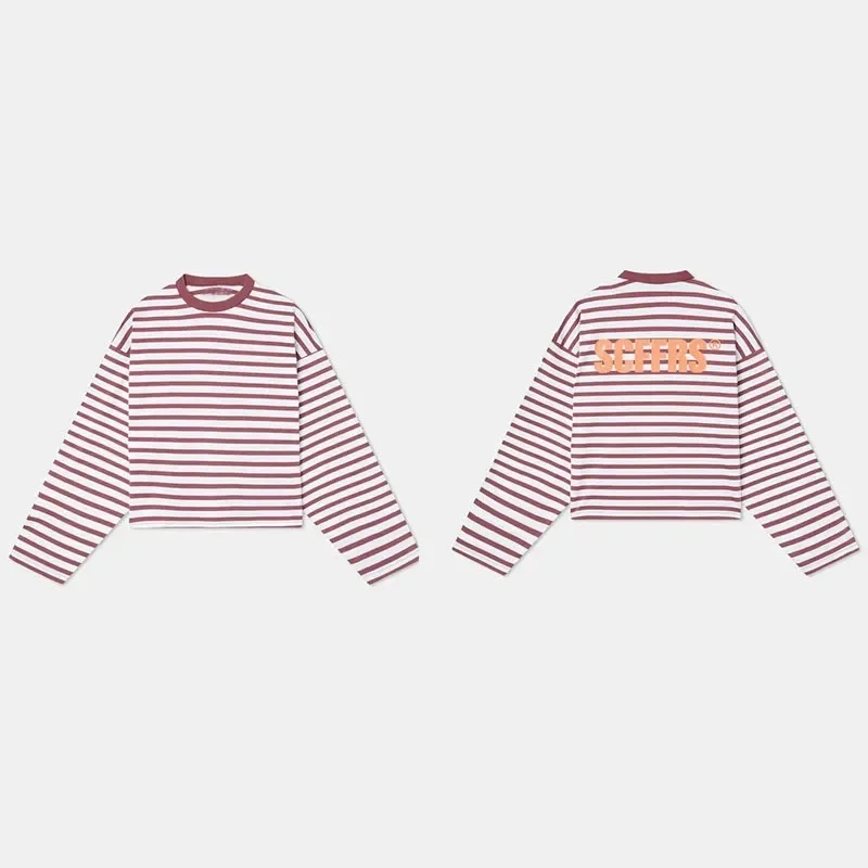 Unisex long sleeved T-shirt with loose stripes, back letter printed round neck casual Y2K streetwear top view 3
