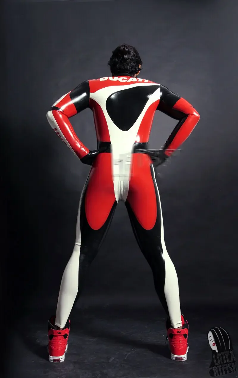 Latex Catsuit Rot White Schwarz Gummi Racing Suit Zipper Overall Bodysuit S-XXL