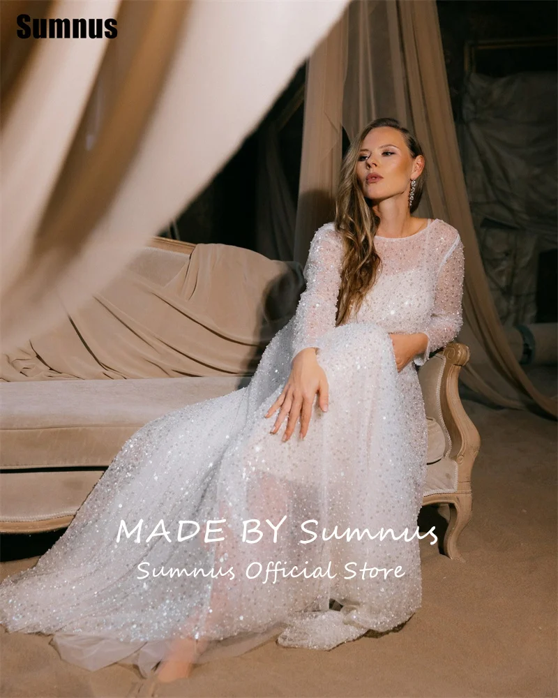 Sumnus-vestido de fiesta moderno, corte en A, cuello redondo, manga larga, cuentas, vestido de noche con lentejuelas, Gala, فساتmaveraPersonalizzato