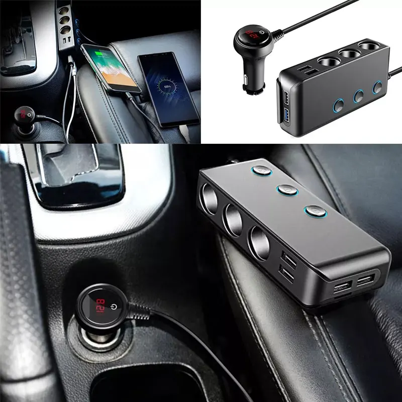 SEAMETAL Car Charger QC3.0 Fast Charging Cigarette Lighter Adapter 4 USB Ports 120W Phone Charger with Switch Voltage Display