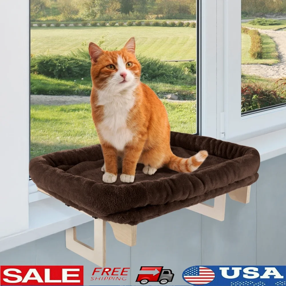 

Cat Bed Window Sill Perch Hammock with Bolster Cats Easy Installation Comfortable Wooden Frame Durable Cat Shelf Indoor Feline