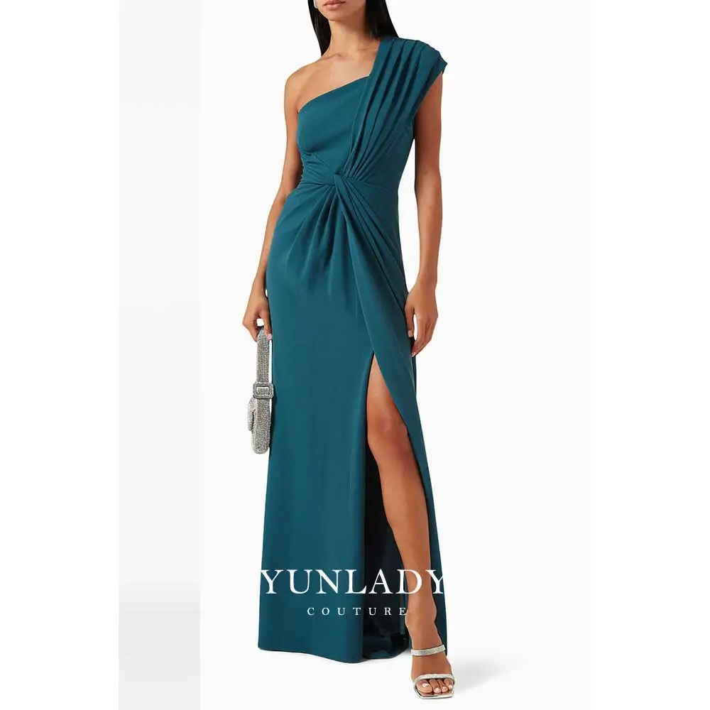 

YUNLAN Elegant Blue One-shoulder Sleeves Evening Gown With Front Slit Pleated Train Saudi Prom Gowns Wedding Guest Dress