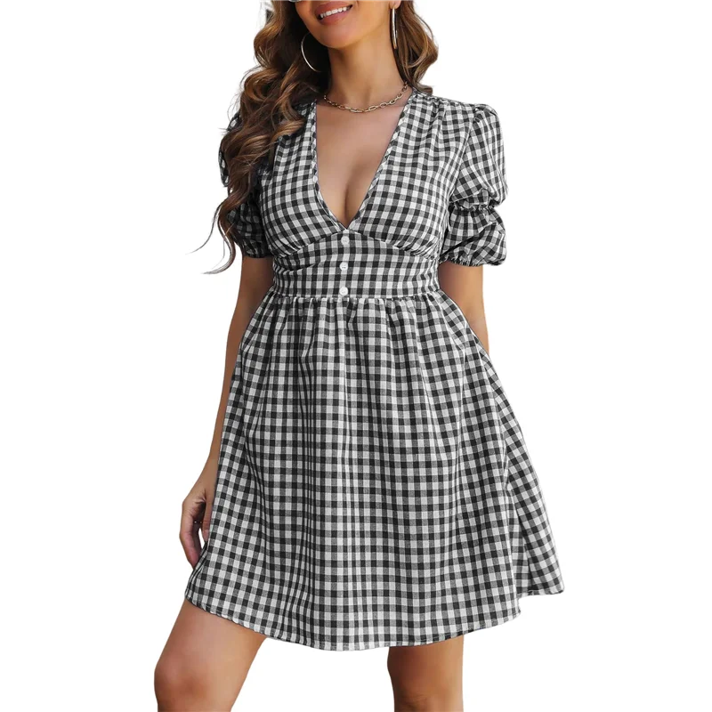 CGS-Women Retro Plaid Print Midi Dress Button Up V Neck Short Sleeve Ruffle Casual Dresses