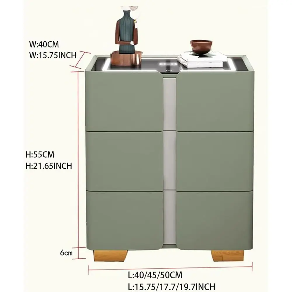 22 フルートナイトスタンド、引き出し3つ、USB充電器、LEDライト付き、ホワイト＆カーキアクセントテーブル