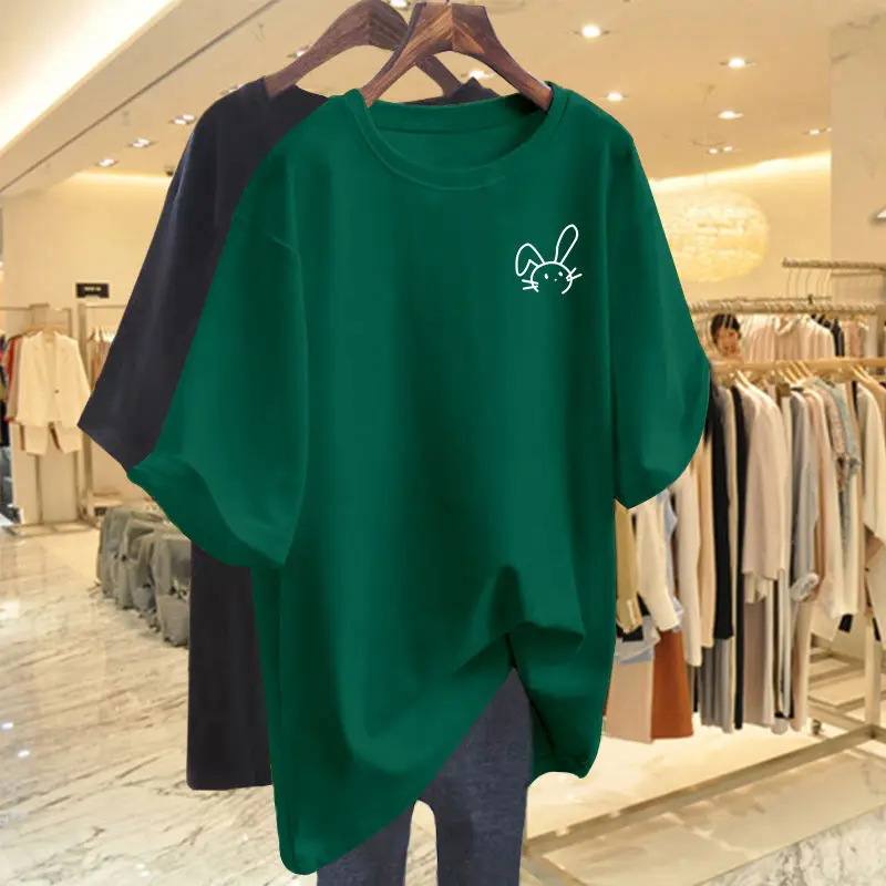 

Women's Fashion Cartoon Rabbit T-shirt 2024 Summer New Loose Versatile Crew Neck Pure Cotton Short Sleeve Basics Top Tee M-6xl