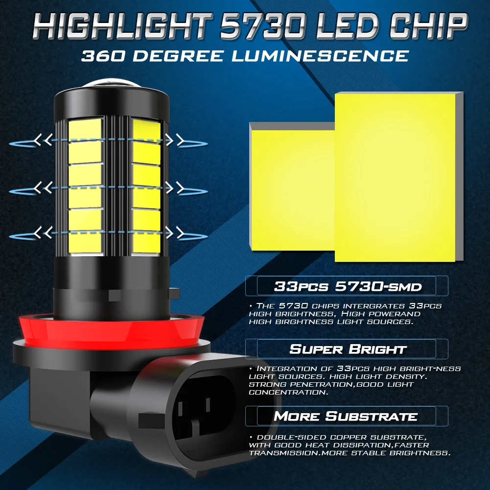 2Pcs Fog Lamp H11 H8 H9 LED Fog Light 6000K White H10 9145 9006 HB4 9005 HB3 LED Bulb DRL Car Driving Lights 5630 33SMD Antifog