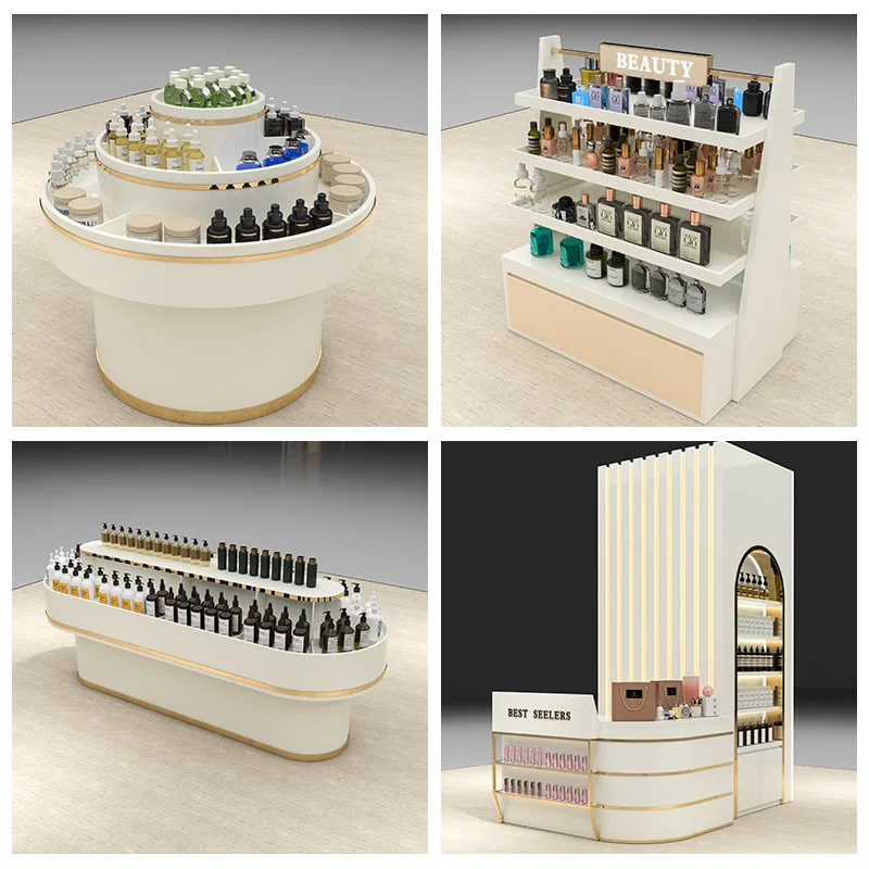 custom.Retail Skin Care & Makeup Display Stand with LED Lighting Customizable Wood Cosmetic Gondola Shelf Supermarket/Cosmet view 2