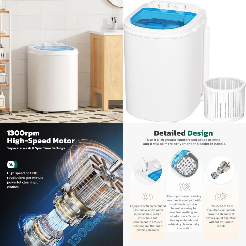 

Компактная портативная стиральная машина на 6,6 фунтов с одной загрузкой и корзиной для отжима, полуавтоматическая, идеально подходит для общежитий, автодомов и дома (серо-белая)