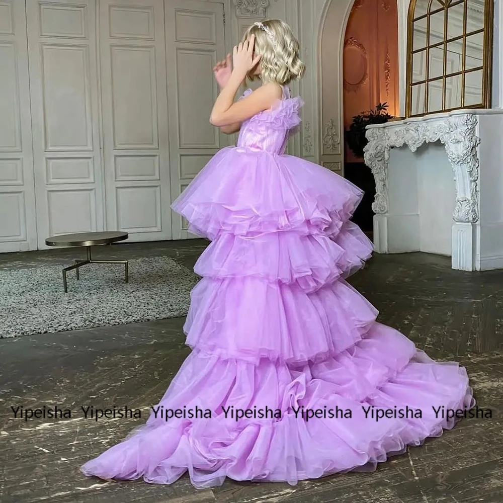 Yipeisha 7 12 12 anos bebê roxo vestidos da menina de flor organza alta/baixa tribunal trem em camadas vestidos de baile verão vestido de aniversário do bebê