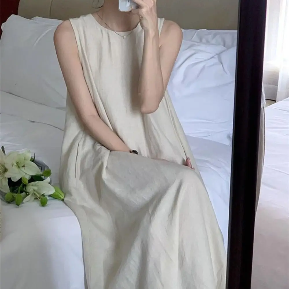 Sweet Solid Summer Sleeveless Dress Round Neck Hollowed Out Vocation Vest Dresses Simple Beachwear Open Back Long Dress Party